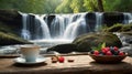 Serene Waterfall Picnic: Coffee, Berries, and Nature\'s Beauty Royalty Free Stock Photo