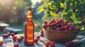 A refreshing outdoor summer scene with a chilled cherry beer bottle on a garden table, accompanied by a bowl of ripe Royalty Free Stock Photo