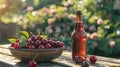 A refreshing outdoor summer scene with a chilled cherry beer bottle on a garden table, accompanied by a bowl of ripe Royalty Free Stock Photo