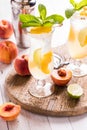 Refreshing peach mojito cocktails surrounded by fresh peaches.