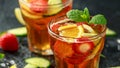 Refreshing Pimms Cocktail with Fruit and vegetables on rustic black table Royalty Free Stock Photo