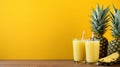 Refreshing pineapple juice in glass on wooden table with soft yellow background for text placement