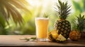 Refreshing pineapple juice in glass on wooden table with yellow background, text placement possible.