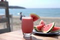 Refreshing pink cocktail by the sea. Waterlemon. Summer, beach and vacation.