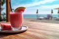 Refreshing pink cocktail by the sea. Waterlemon. Summer, beach and vacation
