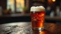 A refreshing pint of amber ale on a rustic wooden table in a cozy pub setting. Generative AI Royalty Free Stock Photo