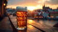 Czech Republic. Prague. View of the ancient Prague Castle. Golden beer in a transparent mug at sunset. tranquil city