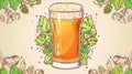 A refreshing pint of beer with a rich foam head spilling over, framed by detailed hop illustrations, capturing the Royalty Free Stock Photo