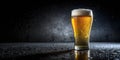 A refreshing pint of golden beer on a dark wet surface with water droplets. Generative AI Royalty Free Stock Photo