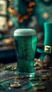 Green beer in Irish pub with St. Patrick's Day decor, green top hat, and gold coins. AI Generated Royalty Free Stock Photo