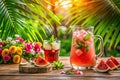 Refreshing pitcher of iced watermelon beverage with mint and slices of watermelon on wooden table outdoors. Generative AI Royalty Free Stock Photo