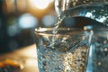 Refreshing Pour: Clear water cascades into a drinking glass from a glass jug, with bubbles hinting at its purity. The Royalty Free Stock Photo