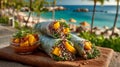 Refreshing Quinoa and Mango Rice Paper Wraps on Tropical Beach Royalty Free Stock Photo