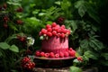 Refreshing Raspberry cake in garden. Generate Ai Royalty Free Stock Photo