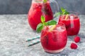 Refreshing raspberry, lemon and mint lemonade with sparkling water in  a glass, horizontal, copy space Royalty Free Stock Photo