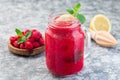 Refreshing raspberry, lemon and mint lemonade with sparkling water in  jar, horizontal Royalty Free Stock Photo