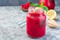 Refreshing raspberry, lemon and mint lemonade with sparkling water in  jar, horizontal, copy space Royalty Free Stock Photo