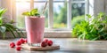 Refreshing raspberry mint smoothie by a sunny window. Generative AI Royalty Free Stock Photo