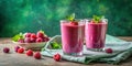 Refreshing raspberry smoothies a delightful summer treat featuring fresh raspberries and mint garnish. Generative AI Royalty Free Stock Photo