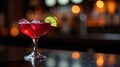 A refreshing red cocktail with ice cubes and a lime wedge on a dark bar top. Generative AI Royalty Free Stock Photo