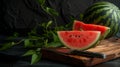 Refreshing Red Delight: Captivating Closeup of a Half-Open Watermelon on a Rustic Wooden Bod, Agai