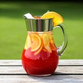 Refreshing red drink in a glass pitcher with fruit slices Royalty Free Stock Photo
