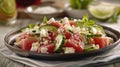 A refreshing salad made with watermelon cucumber and feta cheese drizzled with a citrus vinaigrette