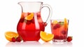 Refreshing sangria in pitcher and glass isolated on white background