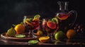 Refreshing sangria or punch with fruit in glasses . Sangria of red wine with ice. Generative AI