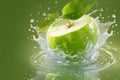 Refreshing shot Water splashing on a crisp green apple surface Royalty Free Stock Photo