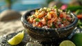 Fresh Shrimp Ceviche in Stone Bowl with Tropical Beach Background