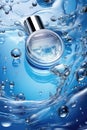 Refreshing skincare blue water drops adorn a cosmetic bottle