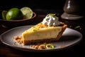 Refreshing slice of key lime pie with tangy custard filling and cracker crust, whipped cream. AI generated.