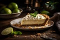 Refreshing slice of key lime pie with tangy custard filling and cracker crust, whipped cream. AI generated.