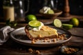 Refreshing slice of key lime pie with tangy custard filling and cracker crust, whipped cream. AI generated.