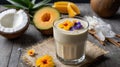 Tropical Fruit Smoothie with Coconut, Melon, and Mango served on Rustic Wood Royalty Free Stock Photo