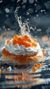 Refreshing Splash of Water on Elegant Salmon Caviar Canape with Cream Cheese and Blurry Background