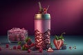 Refreshing strawberry drink in a metal glass. 3D illustration of a pink steel reusable bottle filled with a fruity shake, iced and