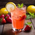 Refreshing strawberry lemonade in glass closeup. Generative AI