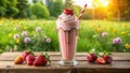 Refreshing strawberry milk shake in a sunny meadow. Generative AI Royalty Free Stock Photo