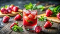 Refreshing strawberry mint iced drink on rustic wood. Generative AI Royalty Free Stock Photo