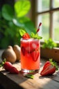 Refreshing strawberry mint iced drink in sunlight on rustic wood. Generative AI Royalty Free Stock Photo