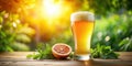 Refreshing summer beer with citrus and hops on wooden table. Generative AI Royalty Free Stock Photo