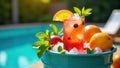 Refreshing summer citrus and berry cocktail by the poolside in a teal bucket. Generative AI Royalty Free Stock Photo