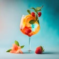 Refreshing summer cocktail with berries, soda, juice, orange slices, mint leaves and ice cubes in a red wine glass on a trendy Royalty Free Stock Photo