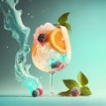 Refreshing summer cocktail with berries, soda, juice, orange slices, mint leaves and ice cubes with water flow in wine glass on a