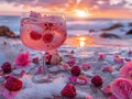 Refreshing Summer Cocktail Glass with Raspberries on Sandy Beach at Sunset with Sea View and Pink Roses