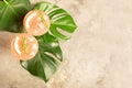 Refreshing summer cocktail grapefruit champagne juice in two glass goblets on the leaves of the Monstera plant