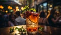 Refreshing summer cocktail with ice, fruit, and a drinking straw generated by AI Royalty Free Stock Photo