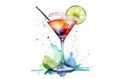 refreshing summer cocktail with lime. watercolor illustration of alcohol drink in glass with splash Royalty Free Stock Photo